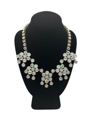 J Crew Brulee Crystal Necklace Iridescent Opal AB Gems Gold Chain Adjustable